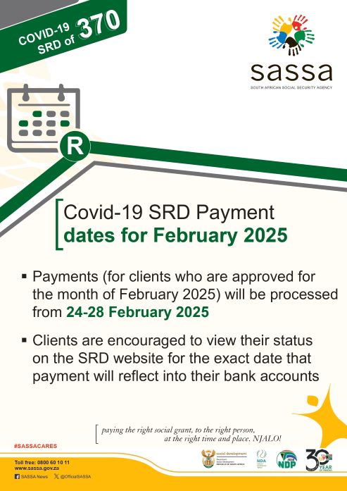 SASSA SRD PAYMENT SCHEDULE DATES FEBRUARY 2025 